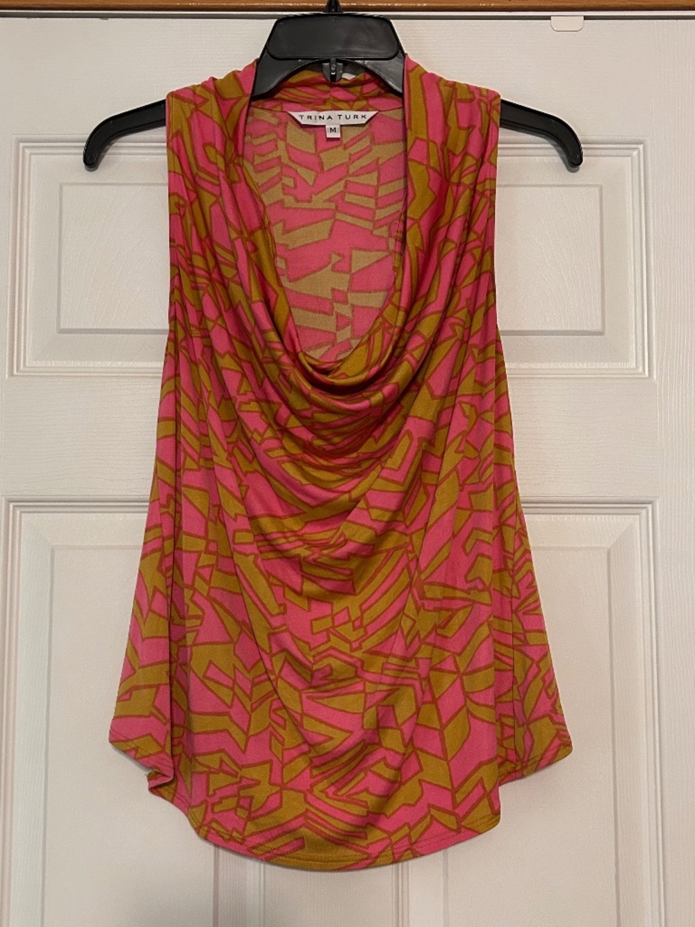 Trina Turk Pink and Gold 100% Silk Cowl Neck Sleeveless Top USA Made